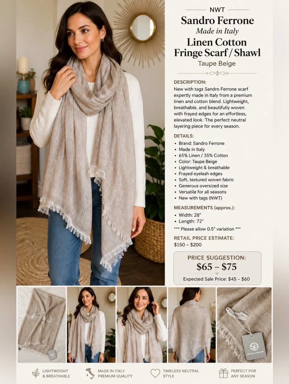 NWT Sandro Ferrone Made in Italy Linen Cotton Fringe Scarf Shawl Taupe Beige
